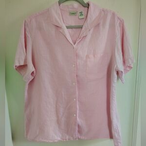 LL Bean Light Pink Classic Preppy Linen Boxy Camp Collar Button Down Shirt Large